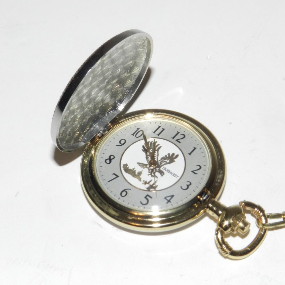 Vintage Embassy Eagle Pocket Watch  Silver Tone 50mm New Battery Very Rare!